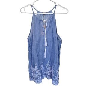 NWT Saint Tropez West | Blue White Pinstripe Embroidered Tassle Cotton Top Large